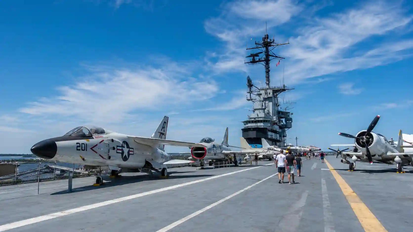 Historic aircraft displayed on the USS Yorktown flight deck at Patriots Point