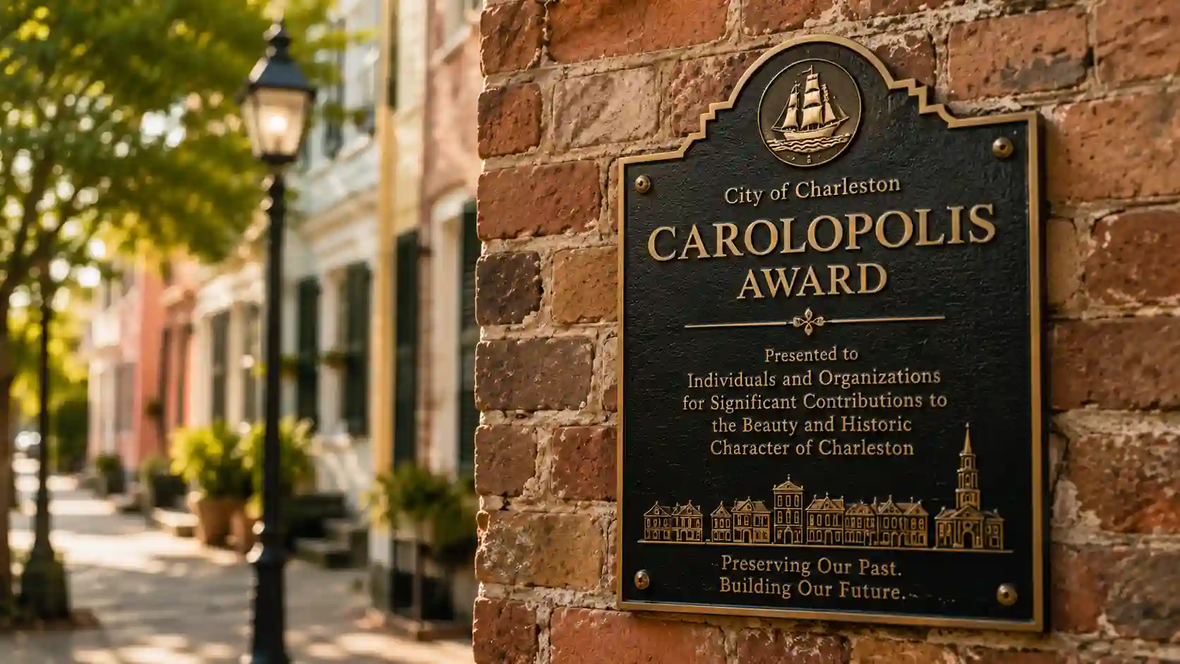 Close-up of a Carolopolis Award plaque mounted on a historic brick wall in Charleston, recognizing excellence in historic preservation.