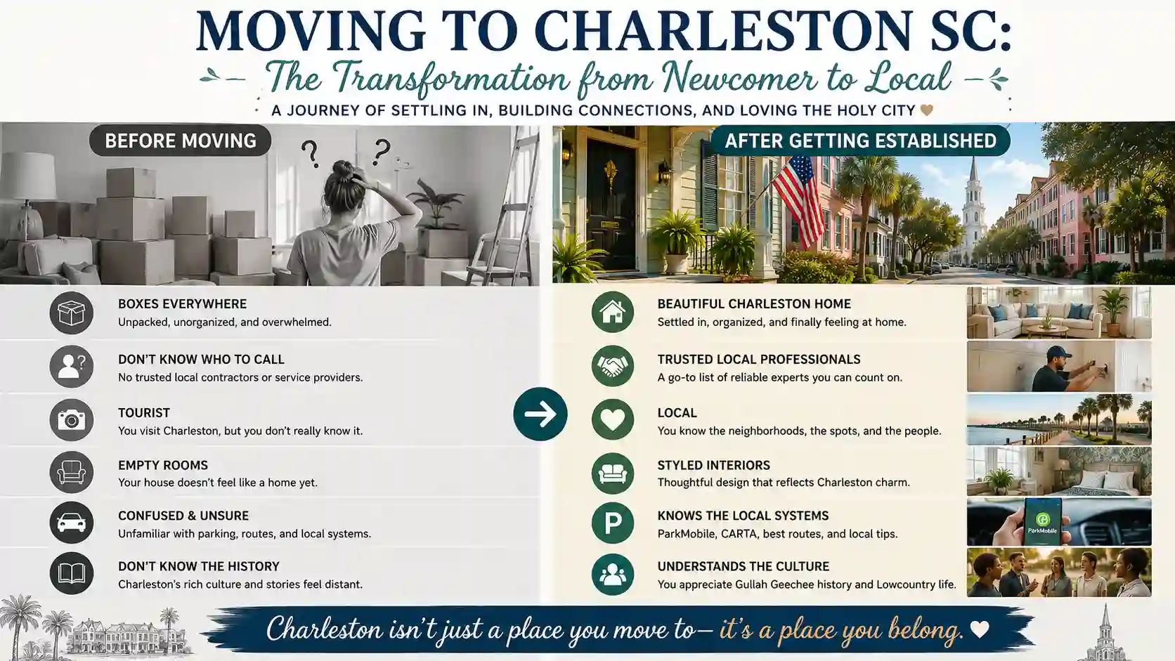 Roadmap infographic illustrating the step-by-step process of relocating to Charleston SC, from choosing a neighborhood to becoming part of the local community.