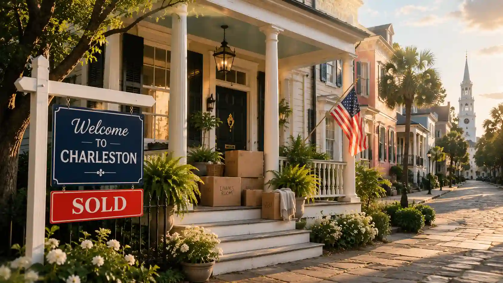 Infographic showing the first 30 days after moving to Charleston SC, including moving, home setup, coastal living, interior design, historic homes, and local culture.